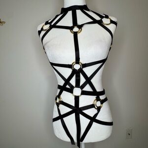 Black Strappy Harness with Gold Rings